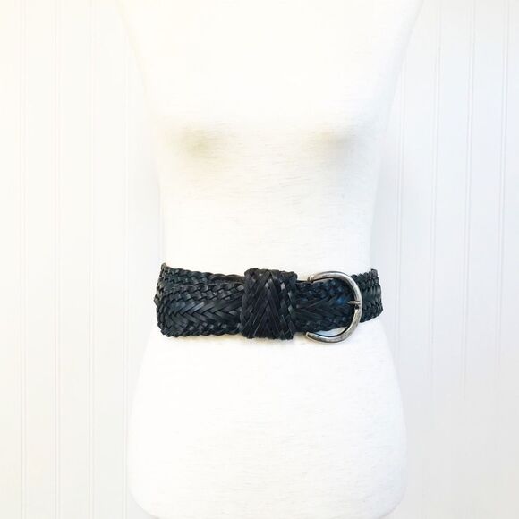 VINTAGE Wide Brown Braided Leather‎ Belt Woven Silver Buckle 90s Y2K Size Large - Picture 3 of 9